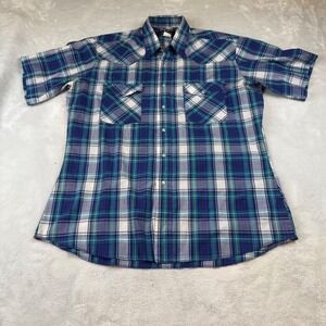 Wrangler X-Long Tails Plaid Snap Button Western Shirt Men's Size L Blue